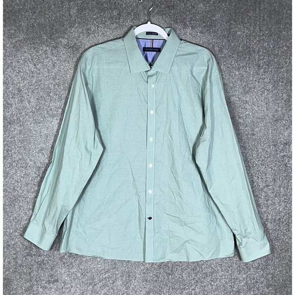 Tommy Hilfiger‎ Shirt Mens Size 18 Slim Fit Button Up Green Mini Check Cotton - Picture 1 of 10
